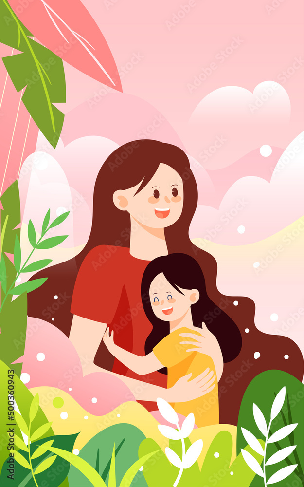 Mother and daughter hugging together with plants and landscape in the background, vector illustration Mother and daughter hugging together with plants and landscape in the background, vector illustration