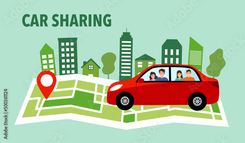 Car sharing service concept vector illustration. Men and women in car in flat design. Carpooling business. photo
