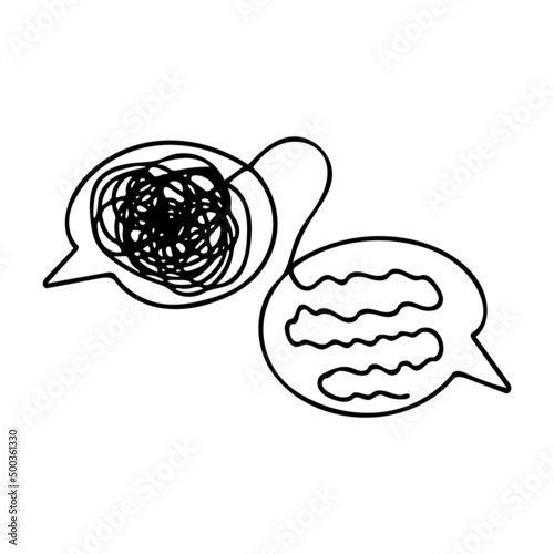 Confused messed up thoughts bubble line art icon. Depressed mental state before therapy, healing with therapist help