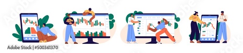 Investors with digital stock market graph, candlestick chart set. People traders investing money, finance in assets. Investment concept. Flat graphic vector illustrations isolated on white background