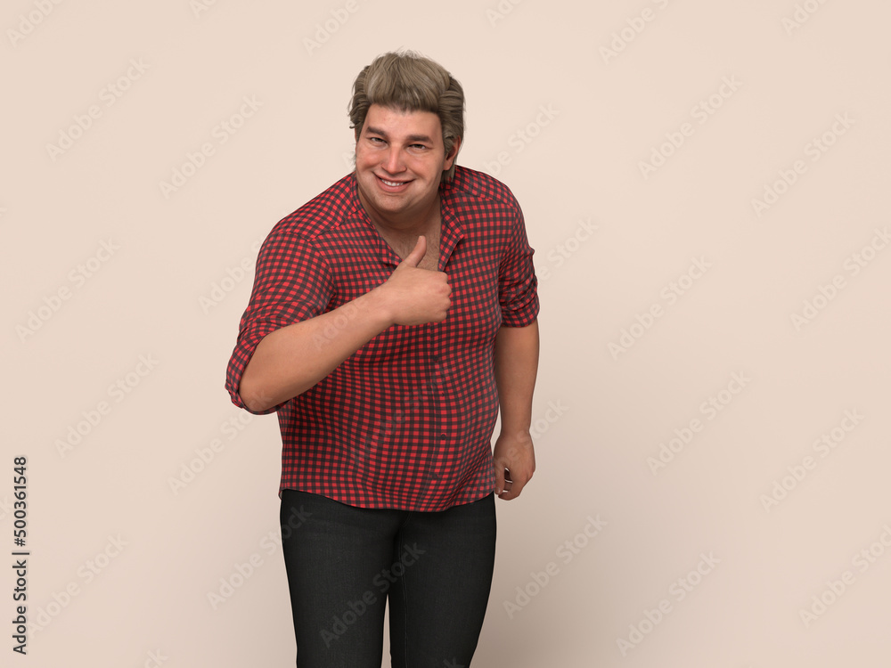 3D Render : Portrait of standing  endomorph (overweight) male body type with thumb up gesture