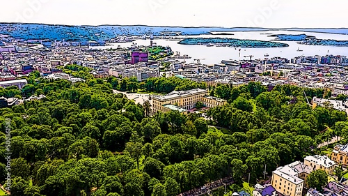 Oslo, Norway. Royal Palace. Slottsplassen. Palace park. Bright cartoon style illustration. Aerial view photo