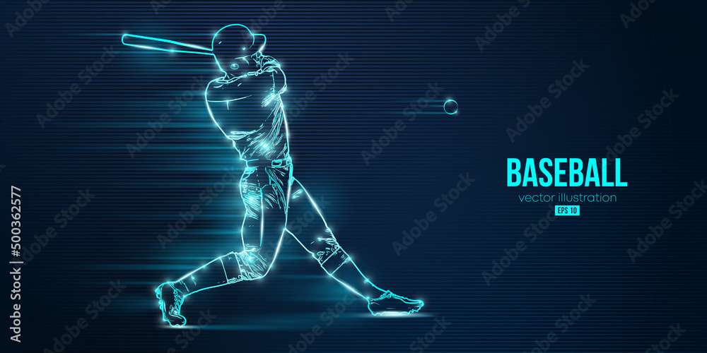 Fototapeta premium Abstract silhouette of a baseball player on blue background. Baseball player batter hits the ball. Vector illustration
