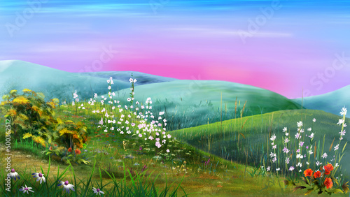 Hilly landscape with wildflowers at dawn