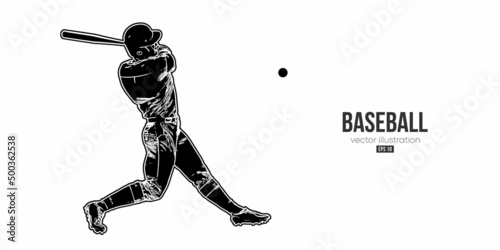 Abstract silhouette of a baseball player on white background. Baseball player batter hits the ball. Vector illustration