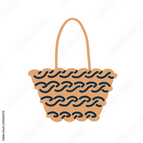 Straw woven shoulder tote bag. Beach summer rattan knitted handbag. Women accessory of trapeze shape. Modern fashion weaven female item. Flat vector illustration isolated on white background