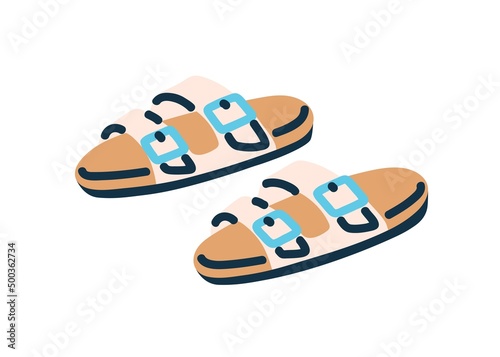 Women summer shoes. Backless sandals with pin buckles. Female footwear with straps, comfortable footbed. Colored vector illustration of modern fashion flats, slippers isolated on white background