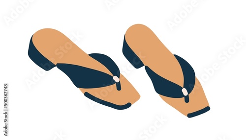 Women summer shoes. Backless female modern fashion footwear. Elegant low-heeled fashionable slippers, slip-ons pair. Colored flat vector illustration of flip-flops isolated on white background