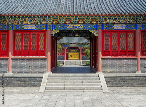 Foshan city, Guangdong, China. Xi Qiao Mountain Guoyi Movie and TV City. Confucius garden. Ornamented pavilion in the Chinese traditional architectural style.