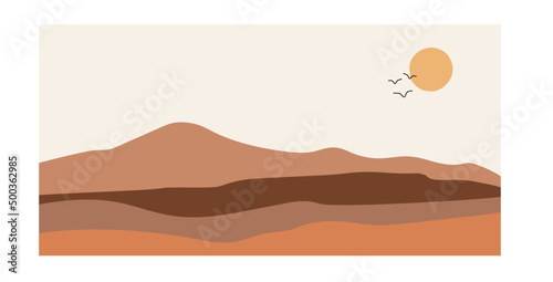Artistic modern simple vector abstract landscape: mountains (hills), sun and flying birds on a colored background in boho style