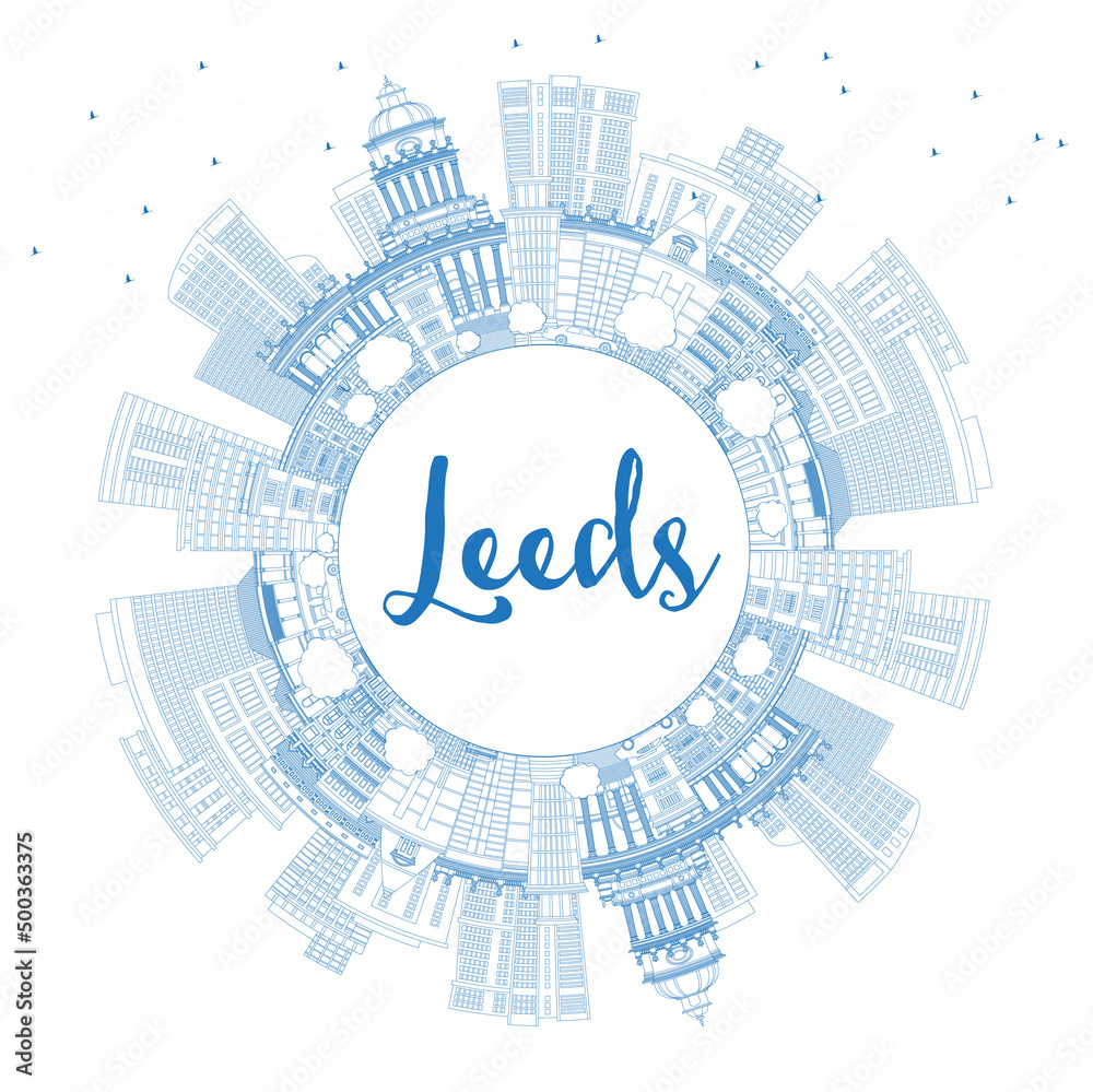 Outline Leeds UK City Skyline with Blue Buildings and Copy Space.