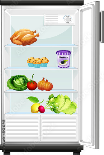 Opened refrigerator with food inside