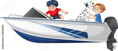 Boy and girl sitting on a speed boat on a white background