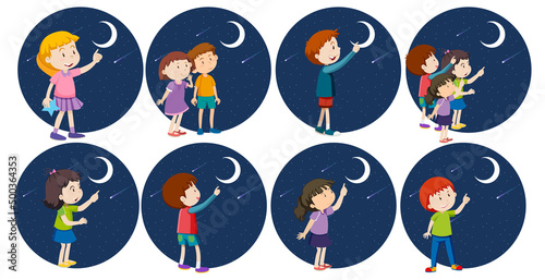 Set of different kids looking at the moon