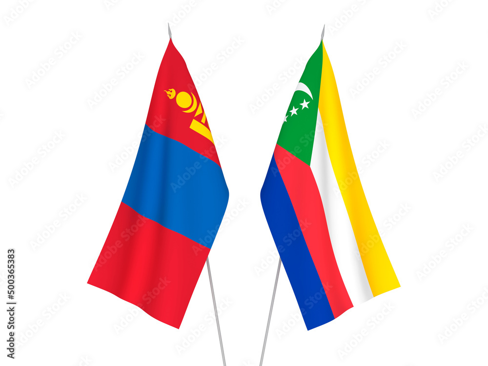 National fabric flags of Mongolia and Union of the Comoros isolated on white background. 3d rendering illustration.