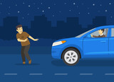 Safe car driving and pedestrian safety rules. Young male pedestrian is about to be hit by suv car at night. Invisible pedestrian after dark. Flat vector illustration template.