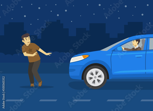 Safe car driving and pedestrian safety rules. Young male pedestrian is about to be hit by suv car at night. Invisible pedestrian after dark. Flat vector illustration template.