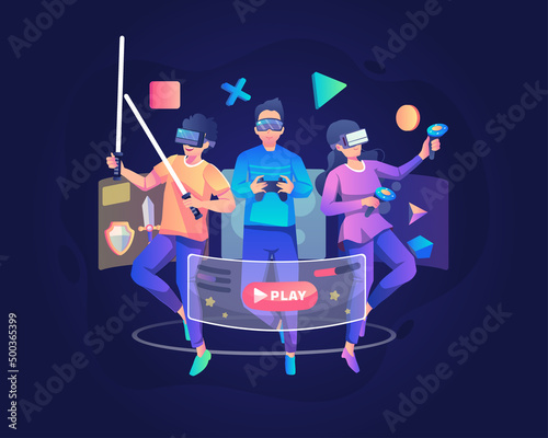 Young male and female characters wearing VR headsets floating are playing virtual reality games. Virtual augmented reality technology concept. Flat vector illustration