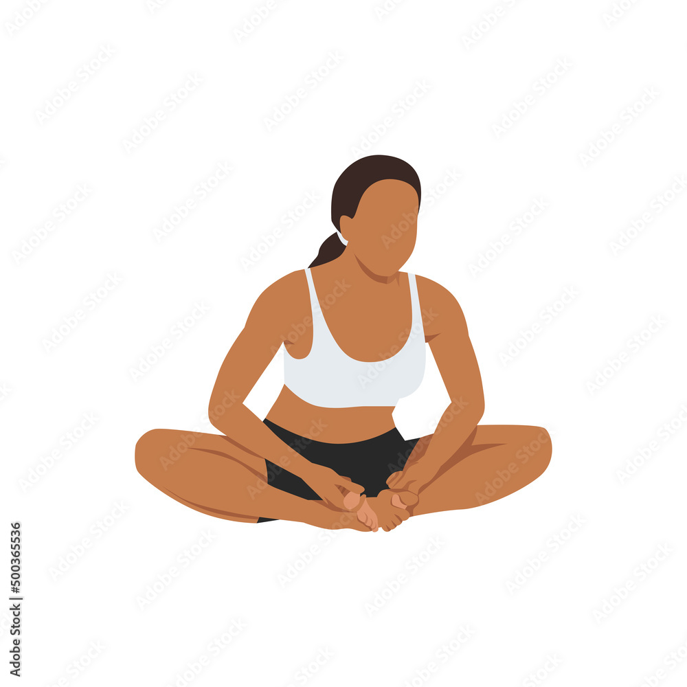 Woman doing Bound angle pose Baddha Konasana exercise. Flat vector illustration isolated on white background Woman doing Bound angle pose Baddha Konasana exercise. Flat vector illustration isolated on white background
