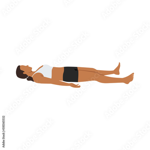 Woman doing Shavasana or Corpse Pose. Yoga Practice exercise. Flat vector illustration isolated on white background