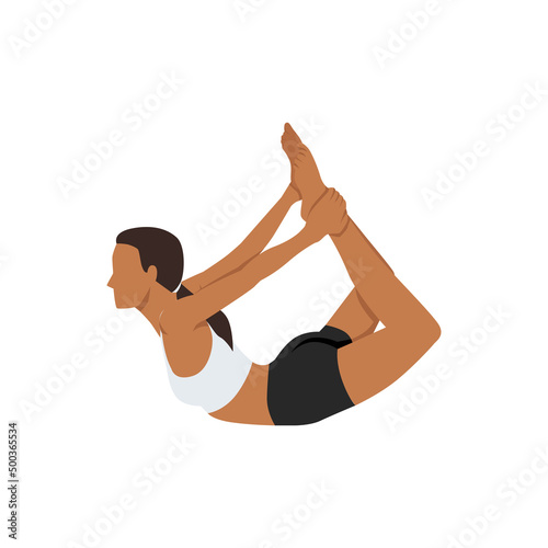 Woman doing yoga pose,Dhanurasana Bow Pose asana in hatha yoga Flat vector illustration isolated on white background