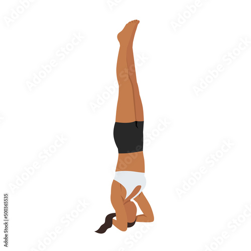 Woman doing Bound headstand pose or Buddha hasta sirsasana exercise. Flat vector illustration isolated on white background