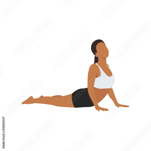 Woman doing Cobra pose or Bhujangasana exercise. Flat vector illustration isolated on white background