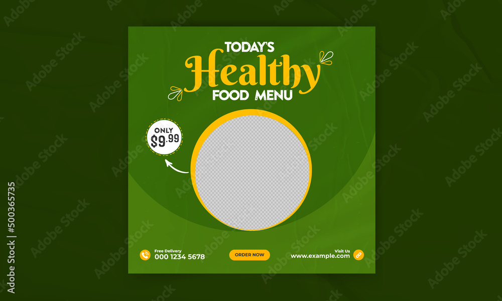 Editable Food and Restaurant Social Media Post Template Design. Social media banner for food business. Food social media template. Vegetable, Junk Food