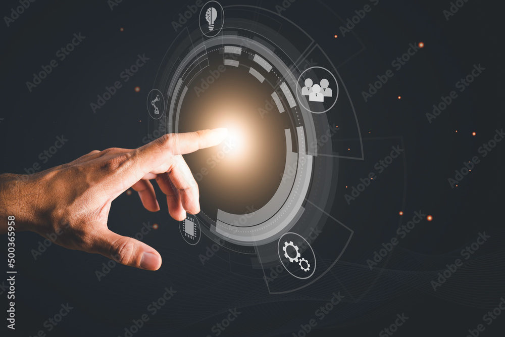 Hand touching on big data network connection background, Automation Software Technology Process System Business concept.