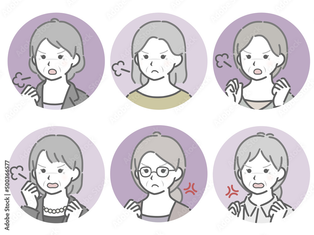 怒る高齢女性の斜め向き丸アイコンセット 怒る高齢女性の斜め向き丸アイコンセット