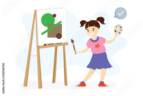 Funny schoolgirl artist stands at easel and draws picture. Cute caucasian kid girl painter is holding brush and palette, process of creating artwork. Art studio. Creative child learning.