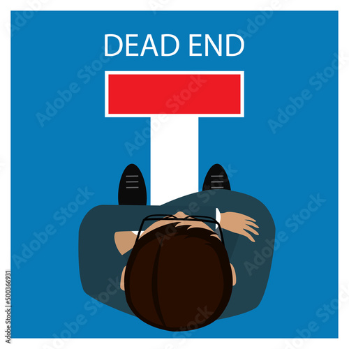 Dead end, warning red stop road sign. Career end, business troubles concept. Insurmountable obstacles. Businessman, top view. Unemployment, jobless man.