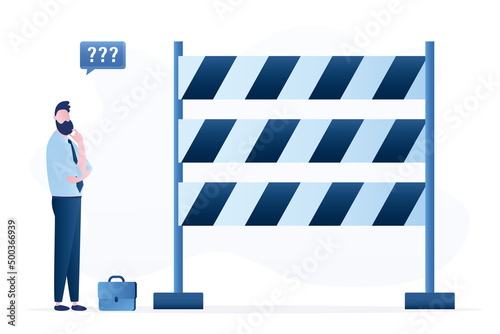 Barrier to business development. A dead end in career. Manager or businessman thinking about career ladder and overcoming obstacles. Problems in the path of male employee.