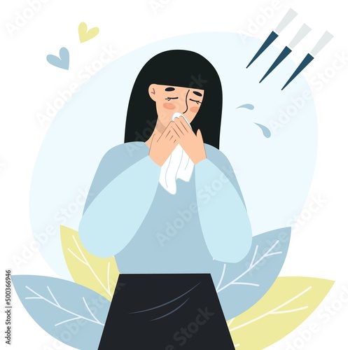 A sad young woman is crying against the backdrop of hostilities. The girl suffers, covering her mouth with a handkerchief. The concept of grief, suffering, pain of loss. Flat isolated design. Vector.