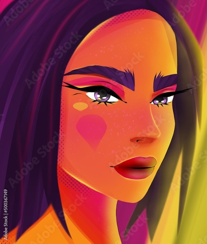 Bright stylish digital illustration portrait made in the style of a comic book look of a beautiful girl bright colors trend colors