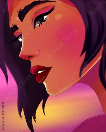 Fantasy illustration portrait made with colors of a bright palette of trend colors look of a girl comic character
