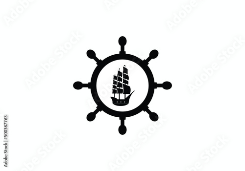 symbol wave and ship steering wheel logo design inspiration. (ID: 500367763)