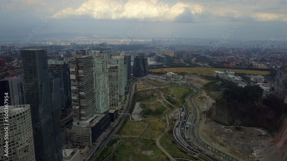 Aerial drone shot mexico city Parque La Mexicana, Santa Fe Aerial drone shot mexico city Parque La Mexicana, Santa Fe