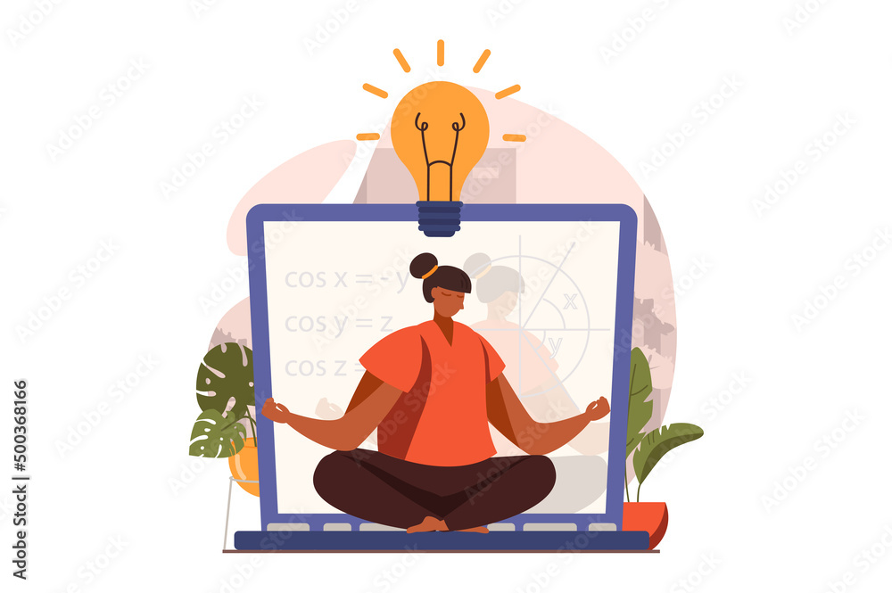 Distant learning web concept in flat design. Woman thinking, concentrating, gaining knowledge, generating ideas, brainstorming. Online education and e-learning. Vector illustration with people scene Distant learning web concept in flat design. Woman thinking, concentrating, gaining knowledge, generating ideas, brainstorming. Online education and e-learning. Vector illustration with people scene