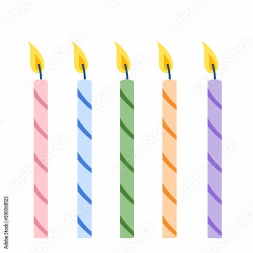 Wax cartoon flat vector happy birthday, anniversary burning with a flame candles set. Party holiday fun decoration for cake.