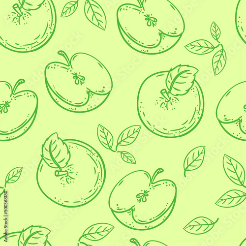 Beautiful background with apples and leaves. Hand-drawn vector illustration of fruits. Vintage citrus design. For posters, prints, wallpapers.