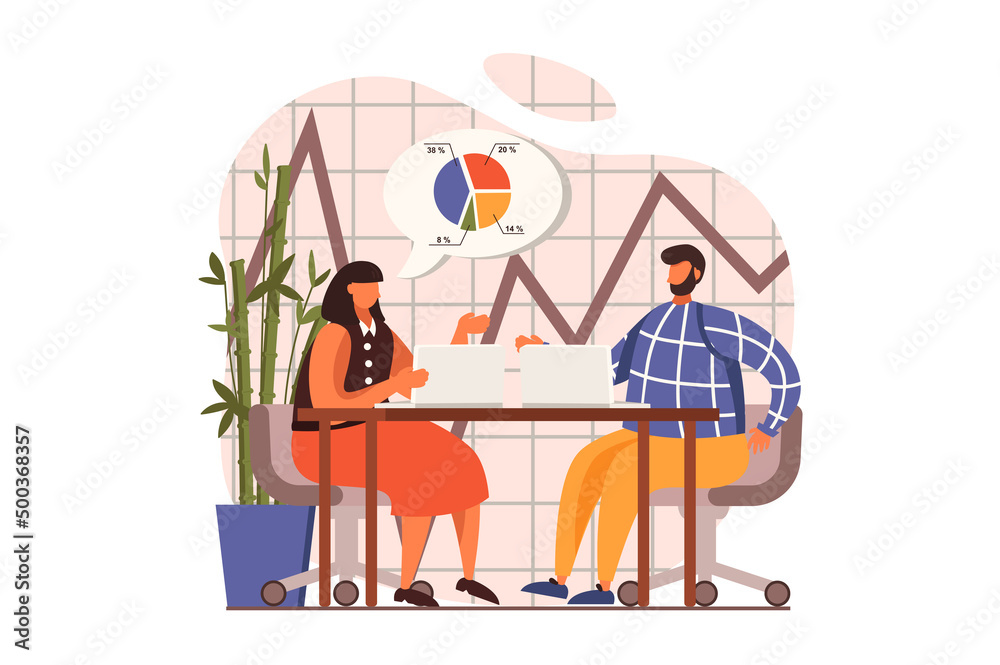 Financial analysis web concept in flat design. Woman and man analyzing data and making research, create strategy at meeting. Audit, investment and accounting. Vector illustration with people scene Financial analysis web concept in flat design. Woman and man analyzing data and making research, create strategy at meeting. Audit, investment and accounting. Vector illustration with people scene
