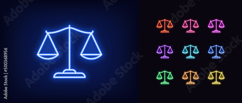 Outline neon justice scales icon. Glowing neon judge scales sign, libra pictogram. Legal judgement