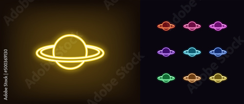 Outline neon Saturn planet icon. Glowing neon planet silhouette with ring, Saturn pictogram