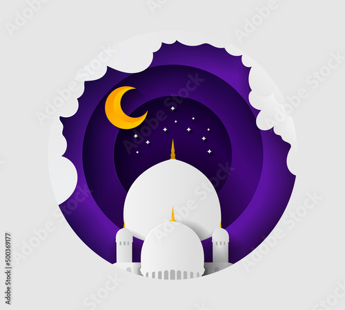 Mosque at night. Paper cut style. Night sky composition Vector illustration