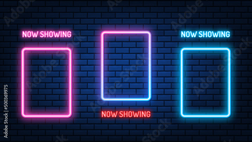 Neon Cinema mockup sign. glowing color neon square. shining led or halogen lamps frame banners. on brick wall vector set.