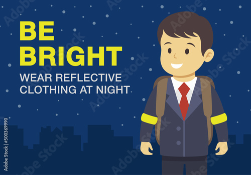 Pedestrian road safety rules and tips. Good visibility after dark. Be bright, wear reflective clothing at night. Young kid wearing reflective bracelets. Flat vector illustration template.
