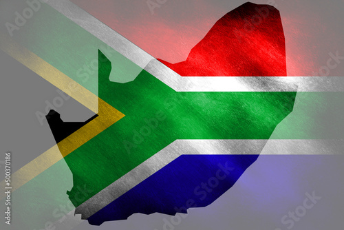 The outline of South Africa on the national colors on a grunge background