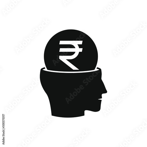 Human head with rupee money sign. Financial plan icon concept isolated on white background. Vector illustration