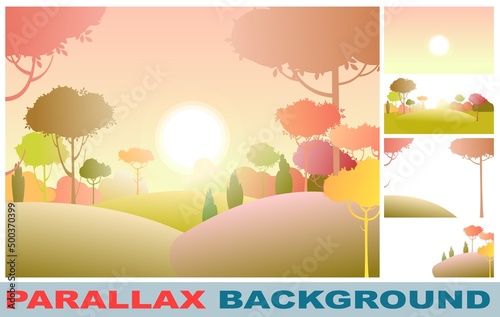 Silhouette autumn landscape. Set for parallax effect. Beautiful scenic plant. Cartoon style. Hills with grass and trees. Cool romantic pretty. Flat soft design background illustration. Vector